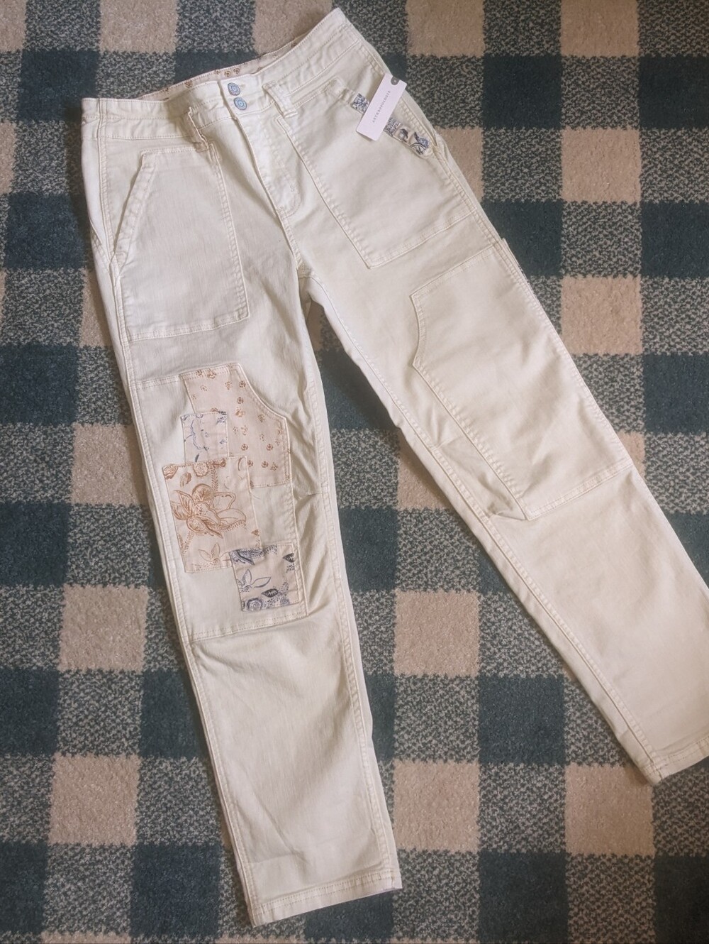 Anthropologie Creme Patchwork Carhartt Style Cotton Pant/Jeans Size 26